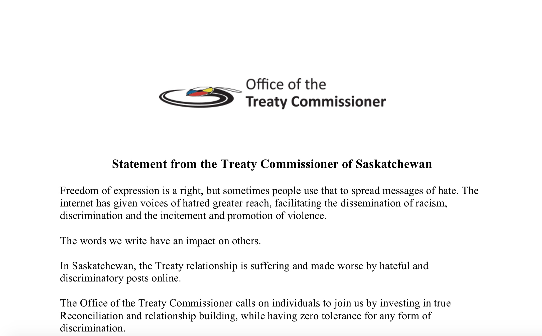 Treaty Commissioner Statement on Hate Speech Online